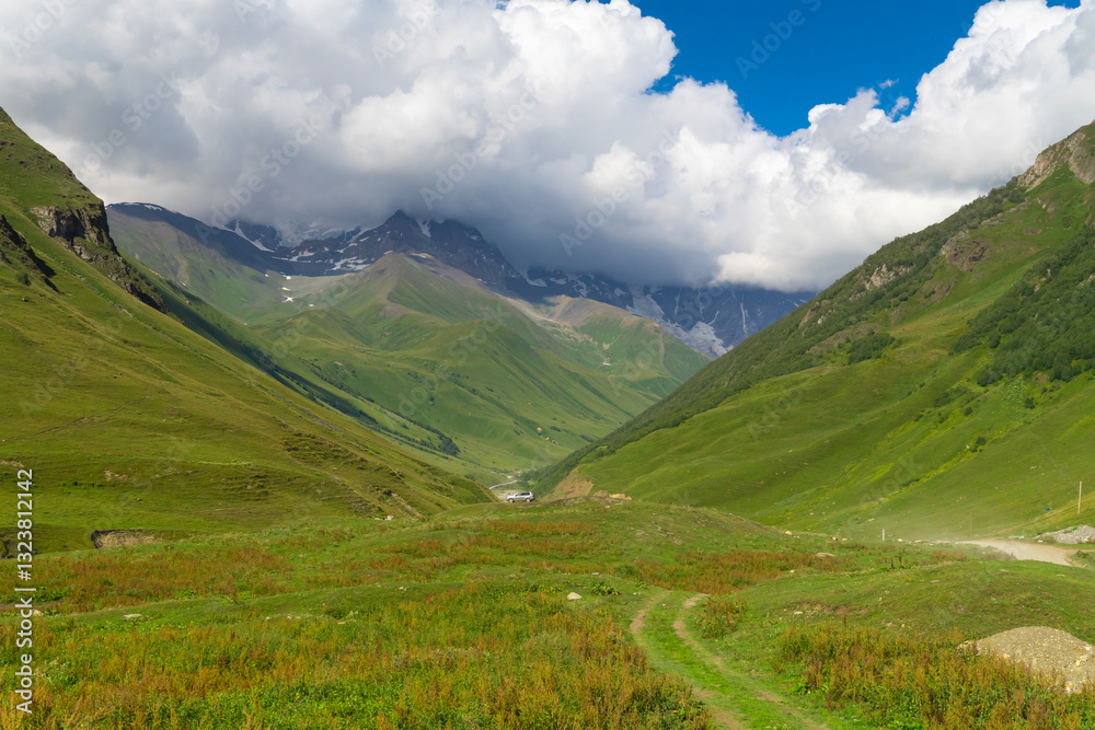 Scenic landscape showcasing a vibrant green valley, carved between rolling hills, leading towards majestic snow-capped peaks under a dynamic sky filled with white clouds