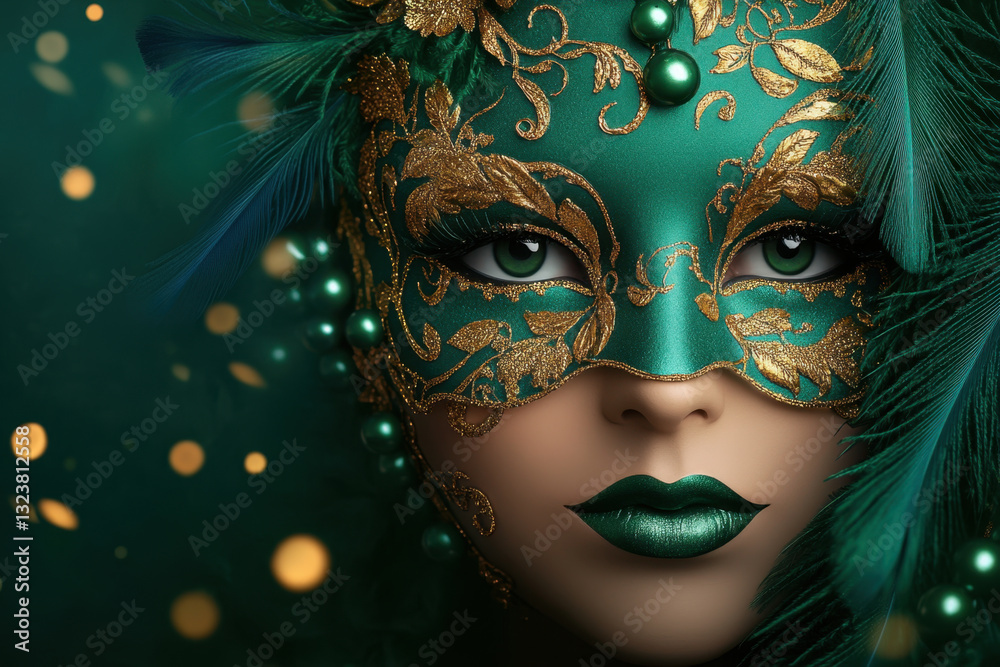 stunning venetian mask deep emerald green, adorned with intricate gold patterns and embellishments, enhances mysterious allure of wearer. captivating eyes and rich colors evoke sense of elegance stunning venetian mask deep emerald green, adorned with intricate gold patterns and embellishments, enhances mysterious allure of wearer. captivating eyes and rich colors evoke sense of elegance