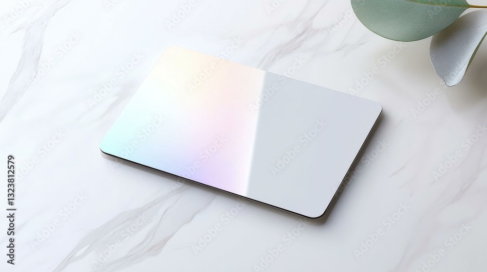 Fototapeta premium Sleek laptop with iridescent finish on marble surface; modern tech aesthetic, minimal design.