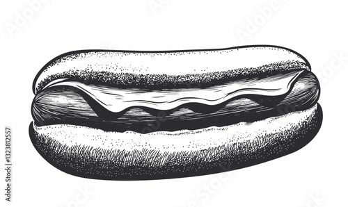 Classic hot dog sketch with mustard sauce, linear icons set, vector.