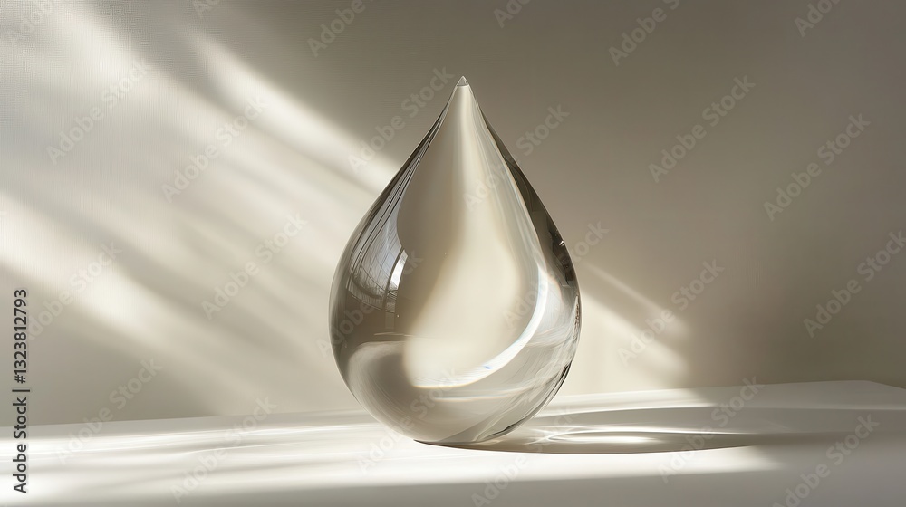 Fototapeta premium A crystal clear teardrop-shaped glass sculpture, a masterpiece of minimalism, rested gracefully upon a pristine white canvas, its smooth, polished surface reflecting the surrounding environment with