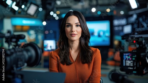 A television news anchor reporting live from a broadcast studio, teleprompter in background