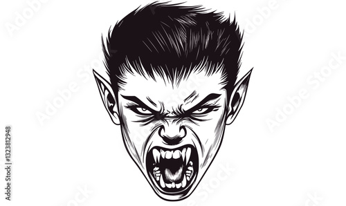 Fierce vampire face with fangs in aggressive pose - linear icons set, vector.