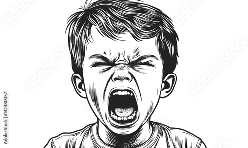 Child screaming emotional expression in art - linear icons set, vector, black and white.