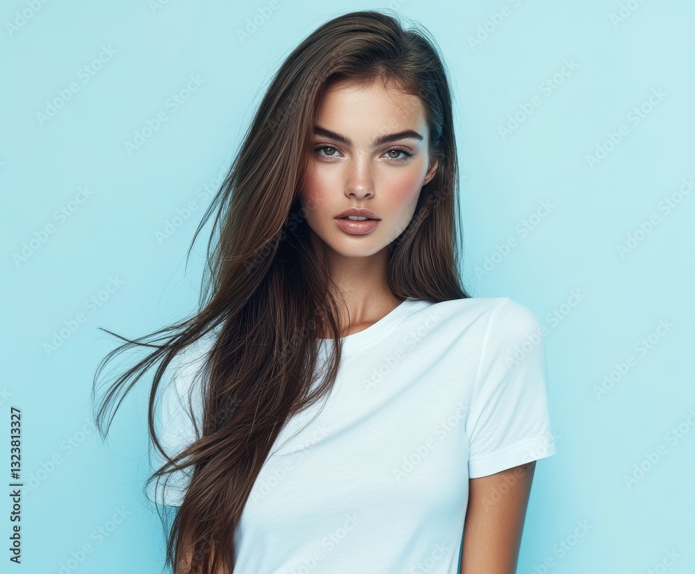 Fototapeta premium Radiant Beauty: A captivating young woman with flowing brown hair and striking features exudes confidence, her gaze meeting the viewer with a subtle and alluring expression.
