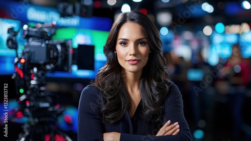 A television news anchor reporting live from a broadcast studio, teleprompter in background