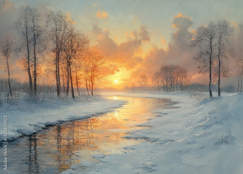 Frozen River Sunset Watercolor Landscape with Silhouetted Trees and Reflecting Ice Frozen River Sunset Watercolor Landscape with Silhouetted Trees and Reflecting Ice