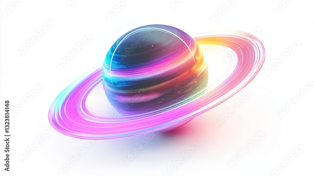 Obraz premium Futuristic neon planet with glowing colorful rings floating in a white cosmic space