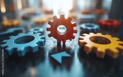 A modern business environment with interconnected gears, arrows, and graphs symbolizing business agility, company transformation, and swift market adaptation, 8K quality