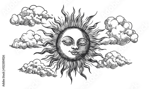 Sun and clouds with facial expressions in retro linear icons set, vector.