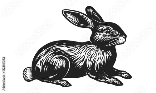 Detailed rabbit silhouette, classic black and white style, animal icons set - vector linear.
