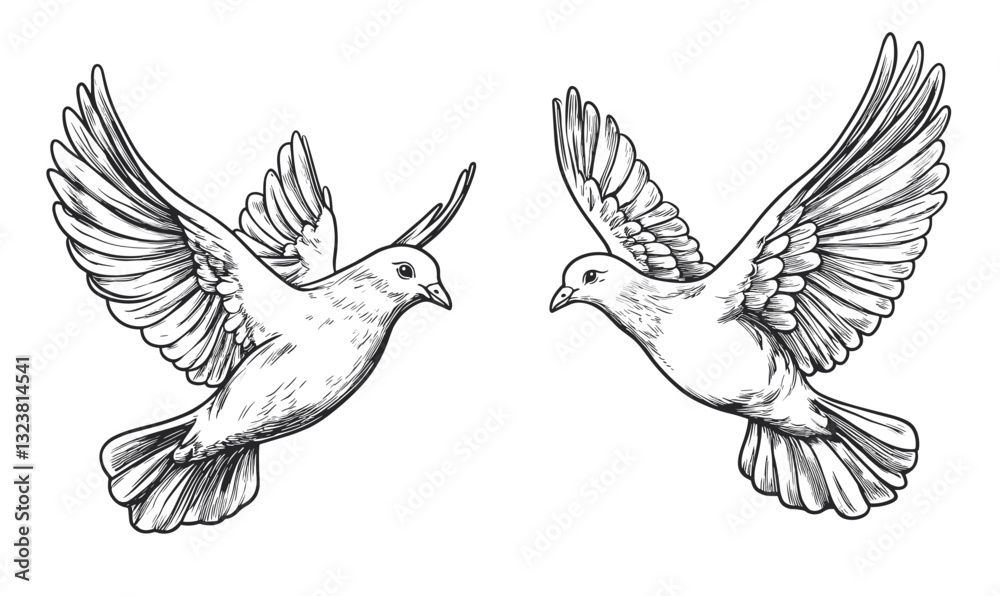 Obraz premium Pair of doves in flight, peace symbols, black and white, vector, linear icons set.