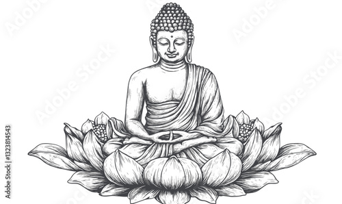 Buddha meditating on lotus in line art style, spirituality and calmness icons set, linear vector.