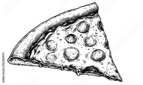 Detailed pizza slice illustration with toppings, black and white, linear icons set.