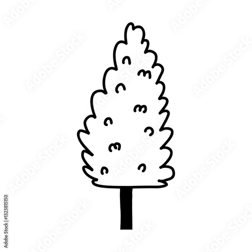 Hand drawn evergreen tree in monochrome doodle style, vector illustration isolated on white background. Cute Christmas tree in outline.