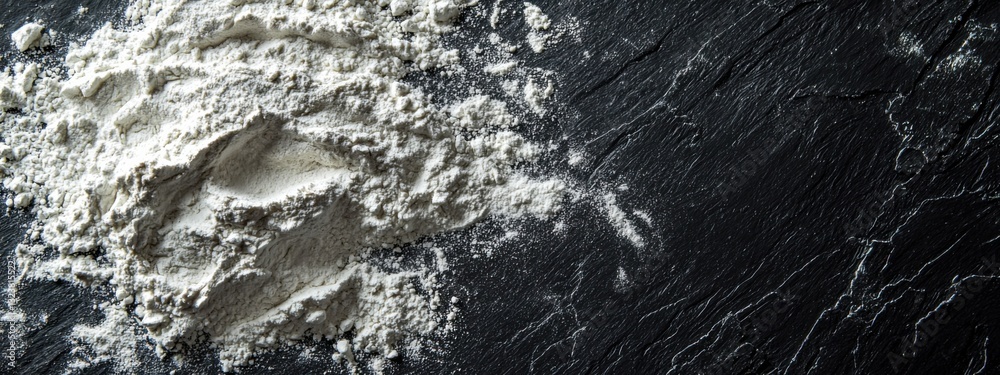 Obraz premium Homemade fresh baked breads with flour and ears on a black background. Top view with copy space.