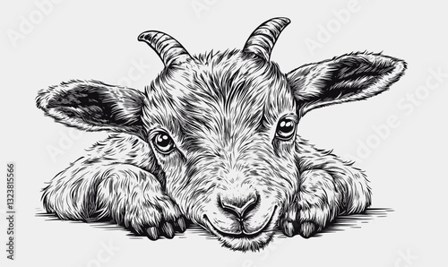 Baby goat illustration with detailed fur and horns, flat style, icons set, vector.