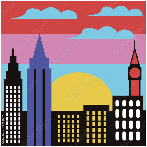 Nighttime city skyline vector illustration with buildings, skyscrapers, and street views