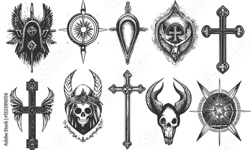 Gothic horror icons set with skulls and crosses in linear flat style - vector.