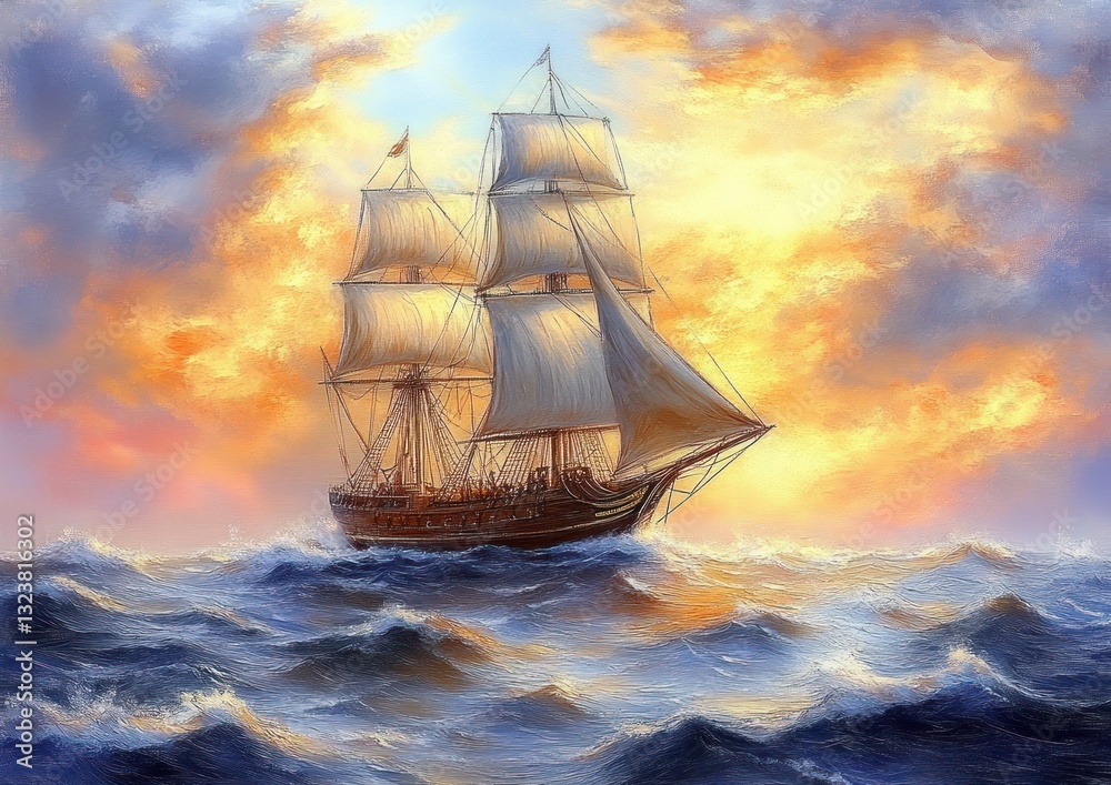 Fototapeta premium Sailing Ship Navigating Ocean Waves in Dramatic Sky with Sunlight