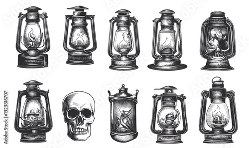 Vintage lanterns and skull vector, linear icons set.