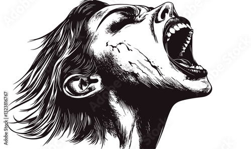 Screaming face art in black and white, dynamic expression, linear style, icons set.