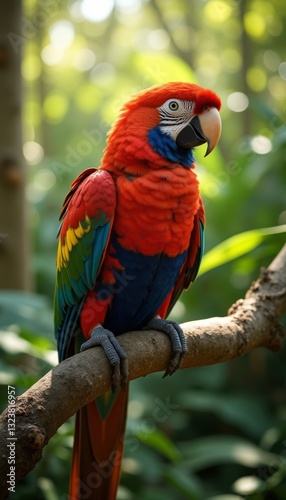 Wallpaper Mural Vibrant scarlet macaw perches on branch in lush, green forest. Educational materials, wildlife conservation campaigns, and nature-themed publications. Torontodigital.ca