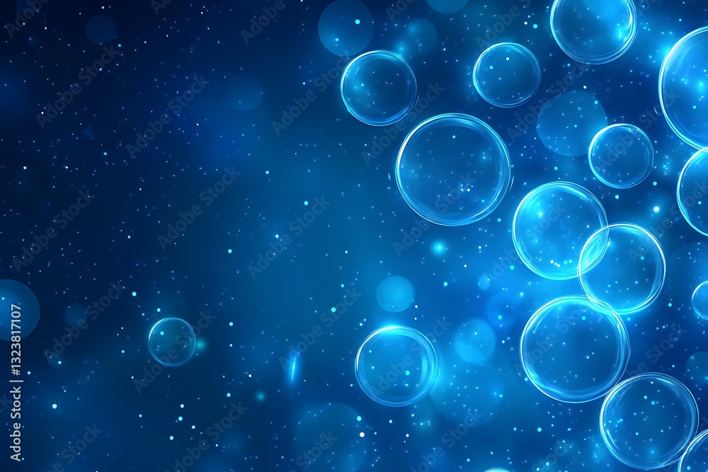 Glowing bubbles float on a dark blue background. Glowing bubbles float on a dark blue background.