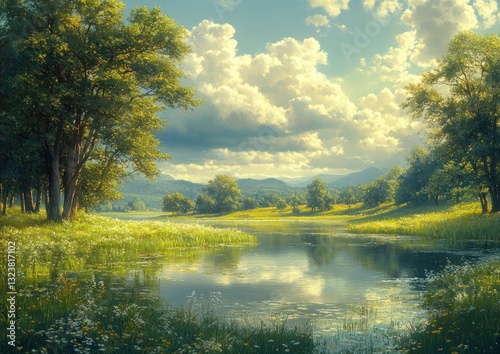 Landscape painting river trees sky golden sunlight nature art digital oil canvas fine art reflection scenery
