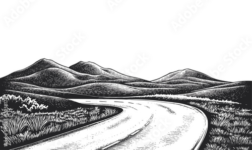 Mountainous landscape road with scenic hills in black and white, vector, linear icons set.