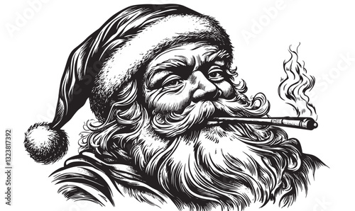 Festive santa claus with smoking pipe vector - linear style icons set.