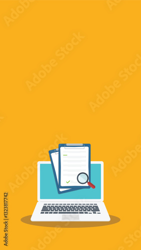 Online digital document inspection or assessment evaluation on laptop computer, contract review, analysis, inspection of agreement contract, compliance verification.	
