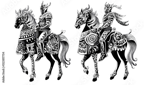 Medieval knight and horse patterns - black and white intricate armor - vector, linear icons set.