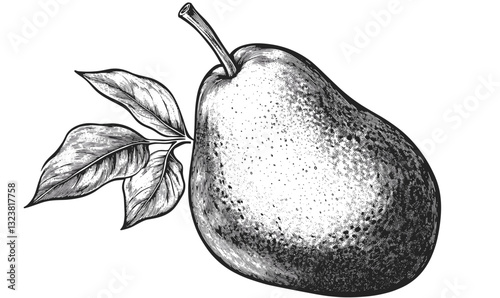 Hand-drawn pear with leaves in black and white, detailed linear icons set, vector.