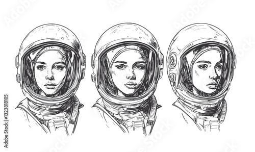 Set of three female astronauts wearing helmets, space exploration, linear icons set, vector.