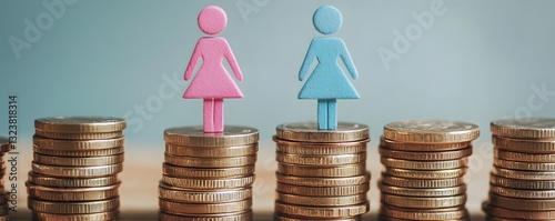gender equality concept with symbols on stacks of coins.