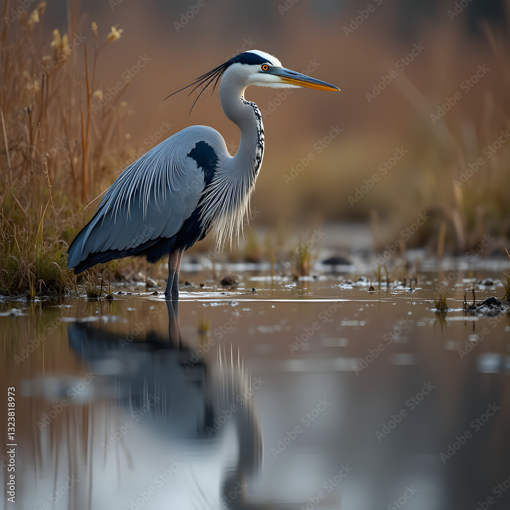 Fototapeta premium The Majestic Blue Heron in a Serene Marsh, Reflecting on Still Waters with Unwavering Focus and Graceful Presence