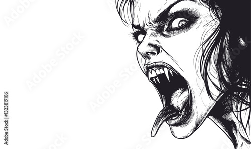 Angry vampiress face with fangs and tongue out, linear horror art icons set, vector.