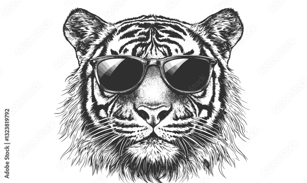 Obraz premium Cool tiger with sunglasses in monochrome style, vector, linear icons set.