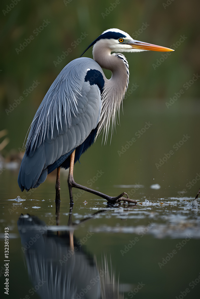 Obraz premium The Majestic Blue Heron in a Serene Marsh, Reflecting on Still Waters with Unwavering Focus and Graceful Presence