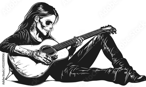 Skeletal guitarist playing acoustic guitar in a relaxed pose, black and white vector, linear style, icons set.