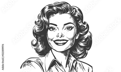 Smiling woman portrait in retro style - flat icons set, black and white vector - linear.