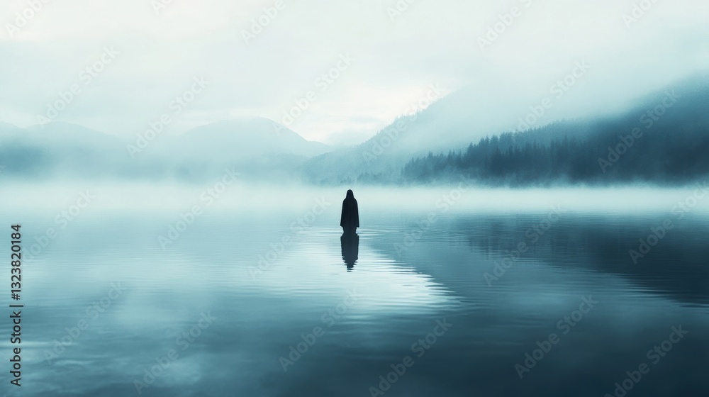 Obraz premium Solitude by the Lake: A solitary figure stands on a serene lake, reflecting the calm and ethereal ambiance of a misty, mountainous backdrop.