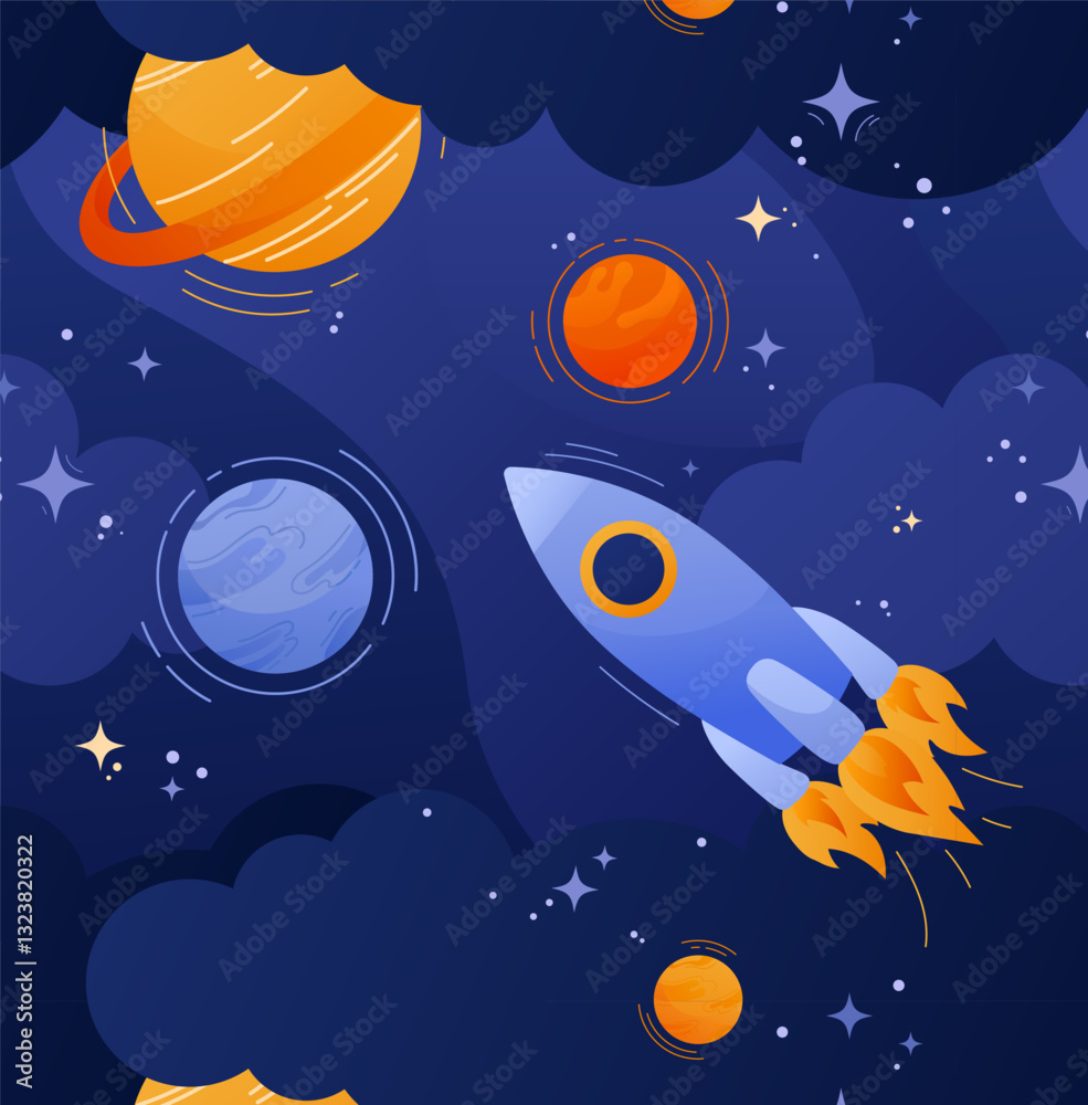 Naklejka premium Vector outer space seamless pattern. Big flying rocket icon, many bright planets, stars. Cute baby print. Cartoon scientific background. Kids room wallpaper, funny fabric design. Astronomy art concept