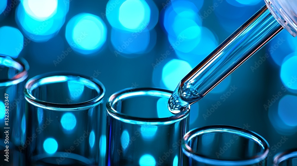 Lab glassware experiment, liquid transfer, scientific research, blue bokeh background, stock photo Lab glassware experiment, liquid transfer, scientific research, blue bokeh background, stock photo