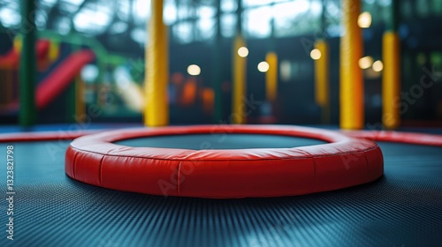 A vibrant red trampoline, its round surface inviting laughter and boundless energy, stood ready in a recreational space, promising endless fun and exercise for children and adults alike.
