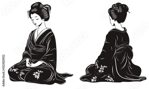 Traditional japanese geisha in kimono, meditative poses, flat icons set vector.
