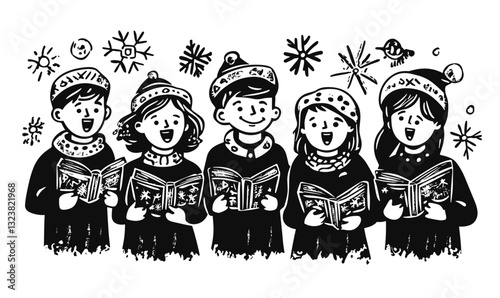 Christmas carol singing children with books, snowflakes, winter hats - flat icons set, vector.