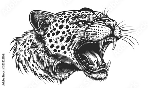 Roaring leopard head with open mouth, detailed and fierce animal icons set, linear vector.