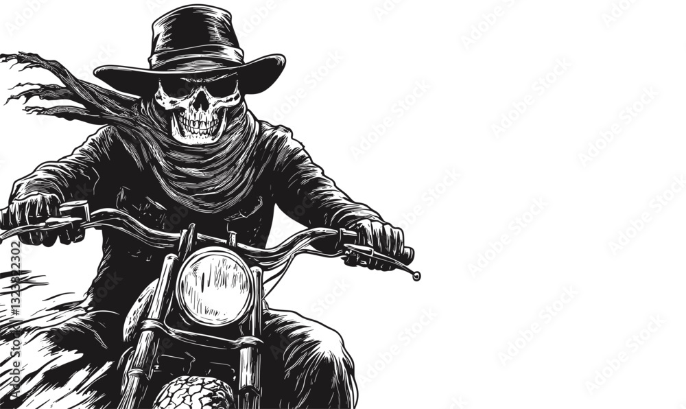 Obraz premium Grim reaper riding motorcycle with scarf and hat - linear vector, icons set.